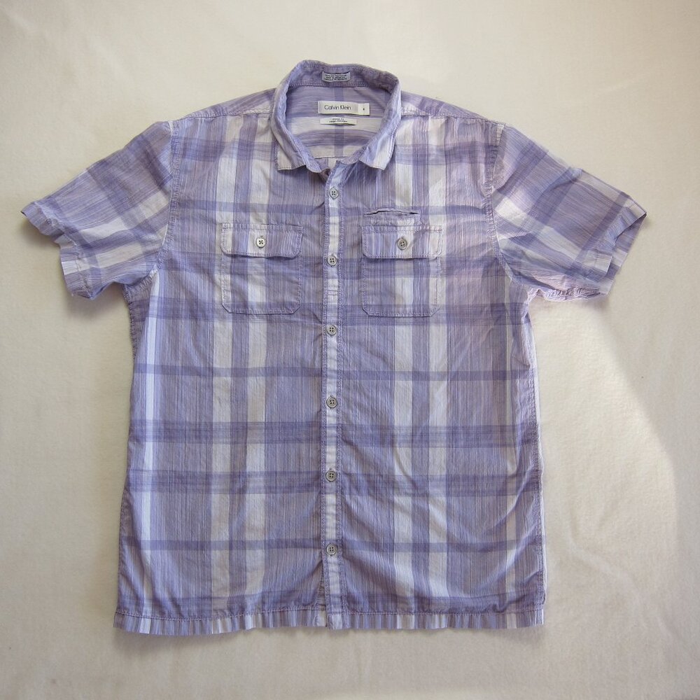 Calvin Klein Shirt Men's Purple Plaid Classic Fit Short Sleeve 3 Pockets Size M